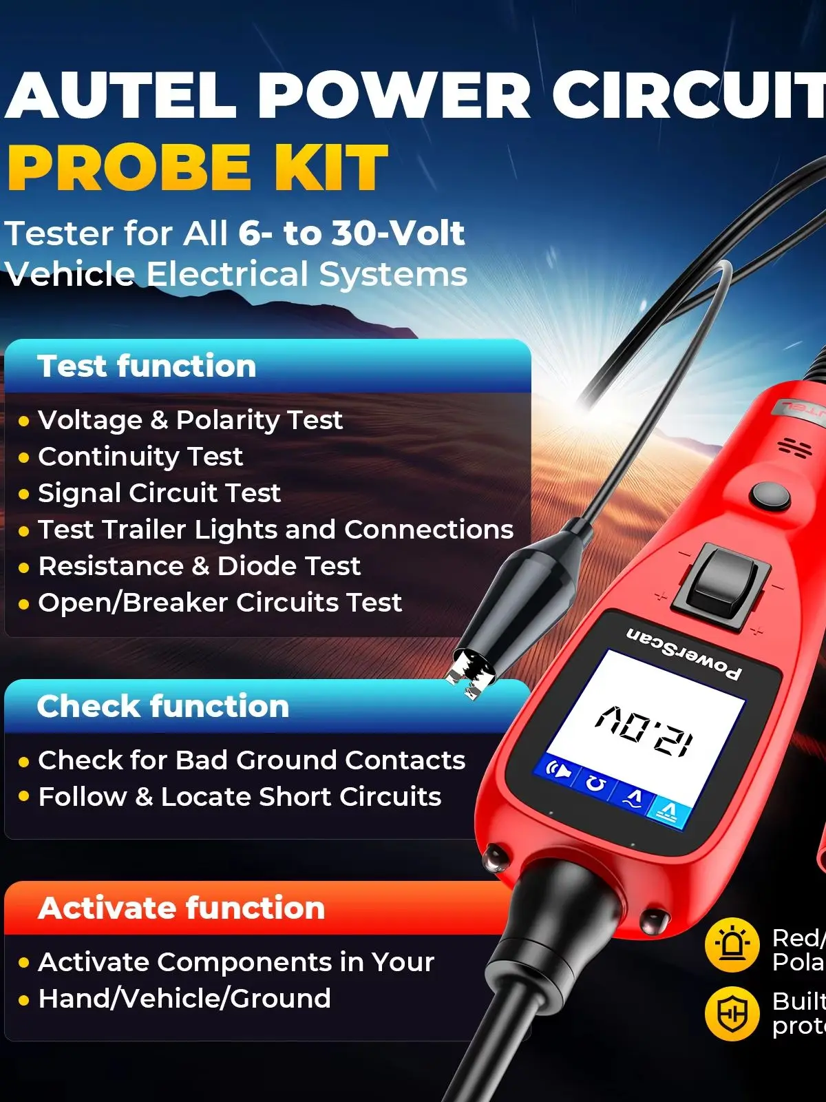 Autel Power Scan PS100 Kfz-Stromkreisprüfer, universelles 12V 24V Automotive-Stromkreis-Prüfset mit 40FT Kabel, AC/DC/Kontinuitäts-/Sonden-/Signaltest, Werkzeug zur Aktivierung von Komponenten im
