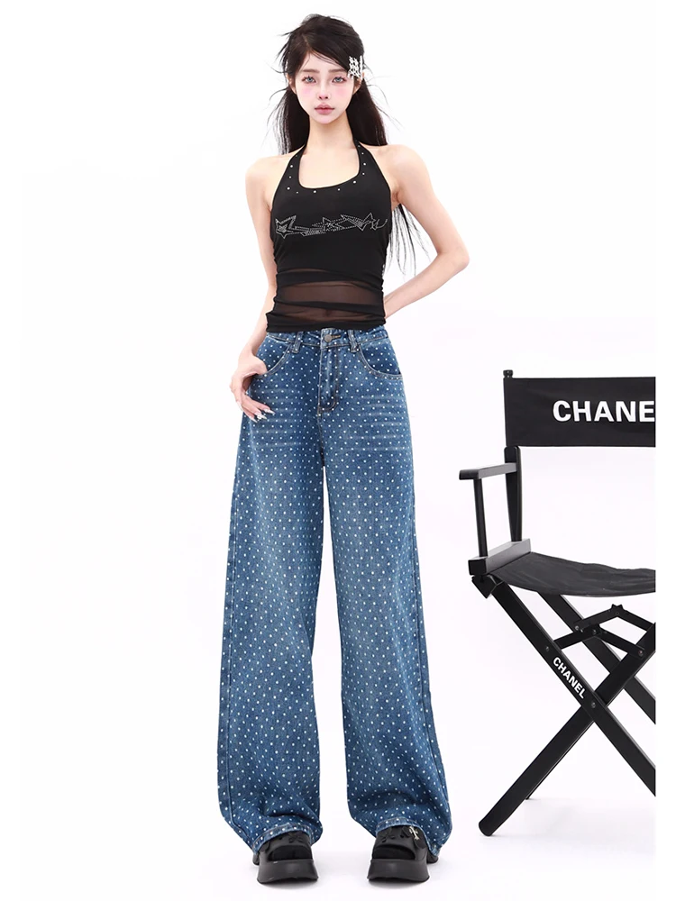 WCFCX STUDIO Spring Summer Polka Dot Print Jeans Women Korean Style Casual Fashion Loose Trousers Retro High Waist Straight Pant