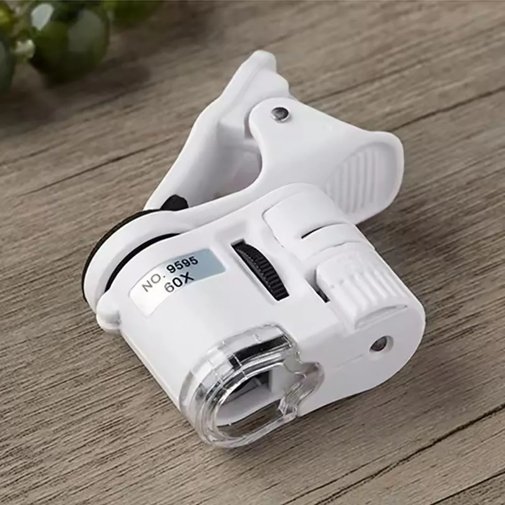 60X Clip Microscope, LED Jewelry, Magnifier Focus Adjustable Pocket Microscope with Cell Phone Clip, UV Light
