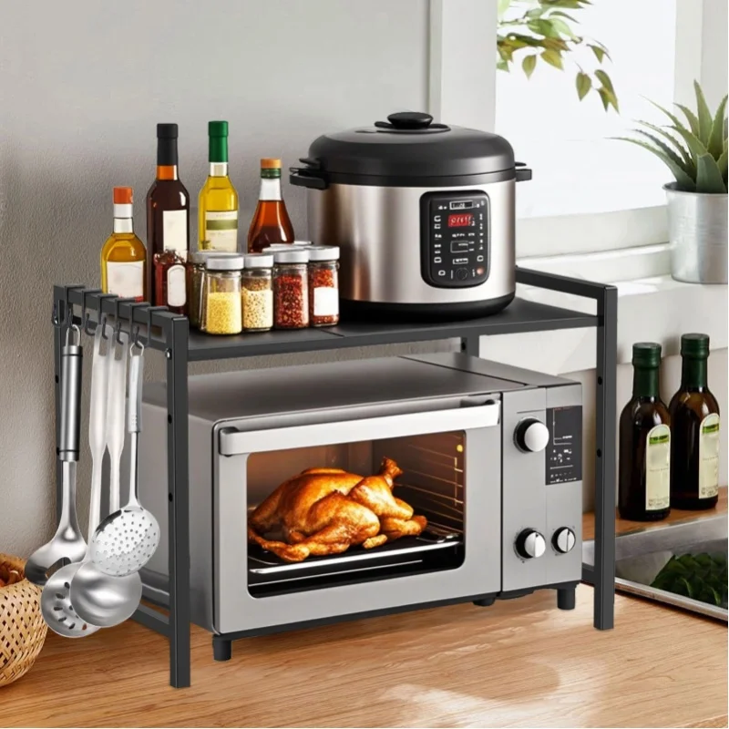 Verstellbares Mikrowellenregal aus Kohlenstoffstahl, Hochbelastbar bis 50KG, Arbeitsplatten-Aufbewahrungsregal mit 6 Haken, Rutschfeste Füße, Küchenorganizer für Backofen und Heißluftfritteuse
