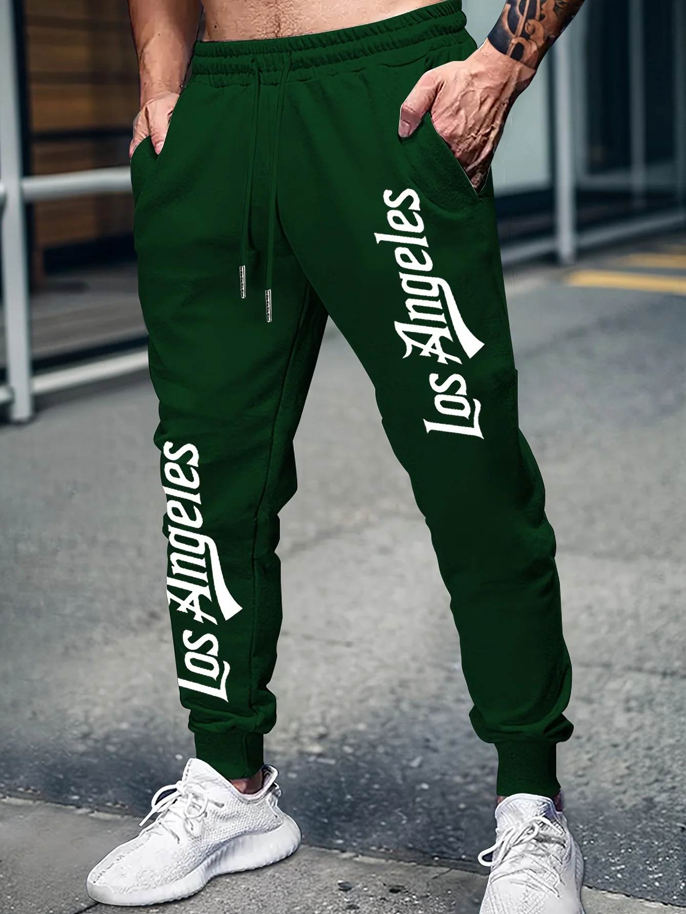 Men Los Angeles Letter Print Jogger Pants, Drawstring Cuffed Loose Casual Street Sweatpants