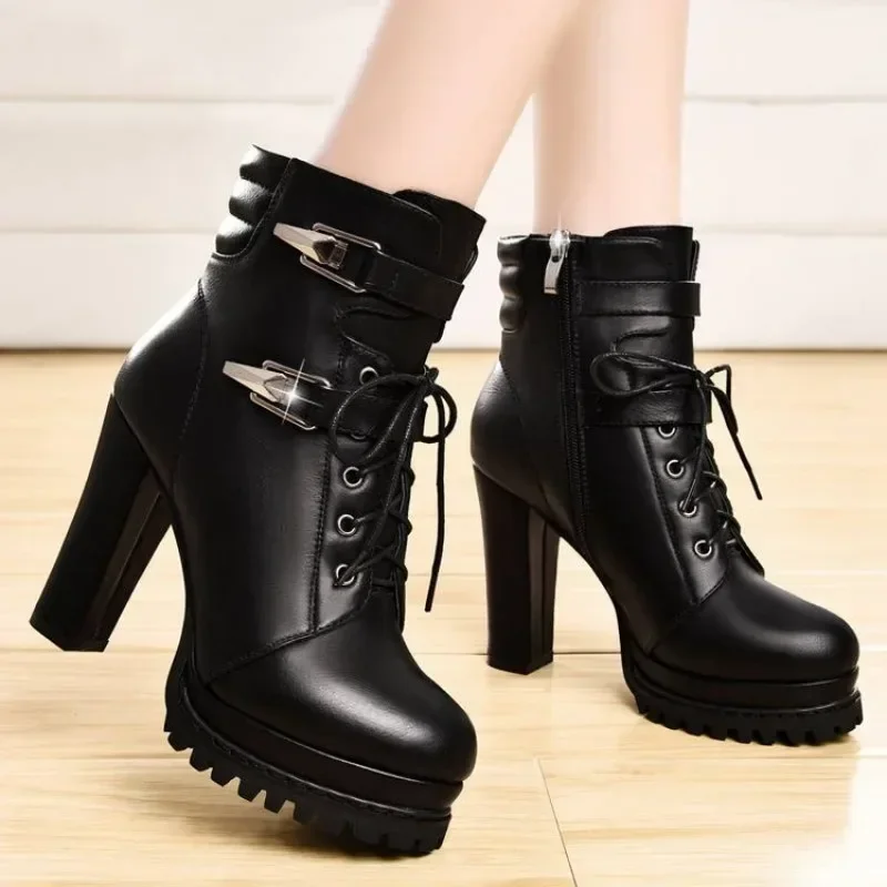 Winter Vrouwen Laarzen Warme Hoge Hakken Enkellaarzen Voor Vrouwen Retro Chunky Snowboots Vrouw Winter 2023 Elegante Botas Mujer Invierno