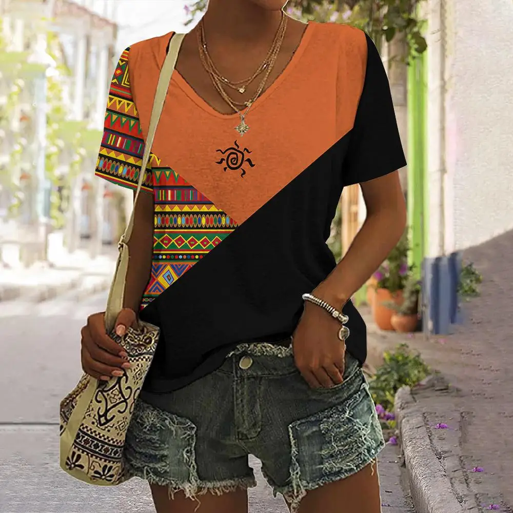 Summer Vintage Ethnic Sun 3D Print T-shirt Women Streetwear T Shirts Y2k Tops Woman Harajuku V-Neck Tees Oversized Clothing