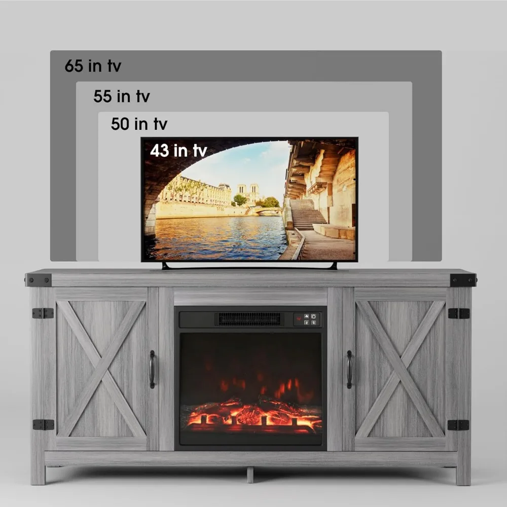 JUMMICO 暖炉付きテレビ台、ファームハウス風エンターテイメントセンター（暖炉と棚付き）、ダブルバーンドア収納キャビネット（テレビ用）