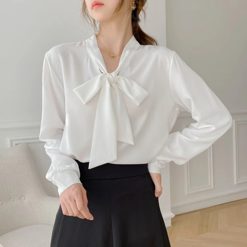 New 2024 Spring White Chiffon Blouse Women Long Sleeve V Neck Tie Korean Style LadY Work Wear Shirts & Blouses Elegant Tops