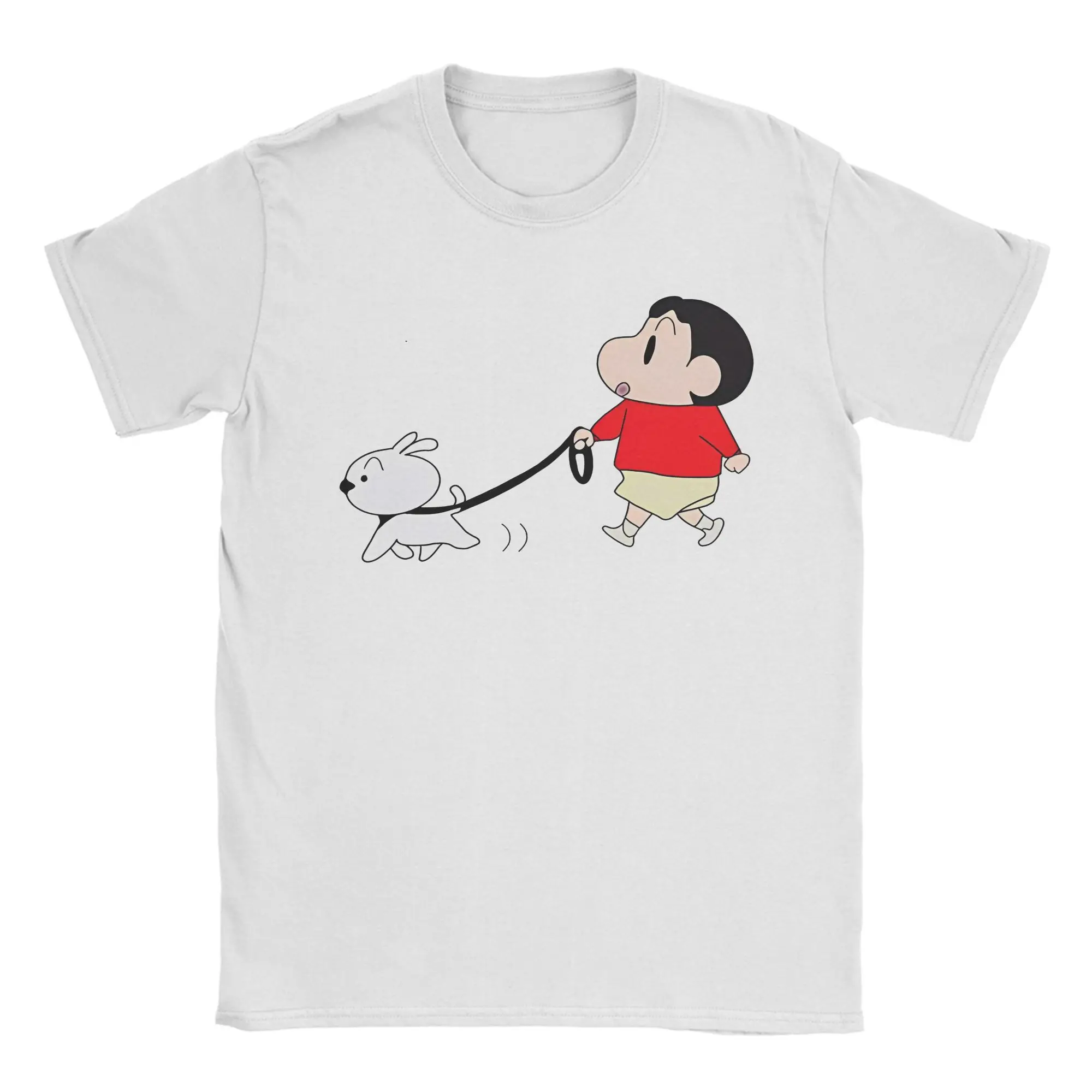 Crayon Shin-Chan Takes Shiro Out For A Walk T Shirts for Men Cotton Humor T-Shirts Crewneck  Tee Shirt Short Sleeve Clothing 6XL