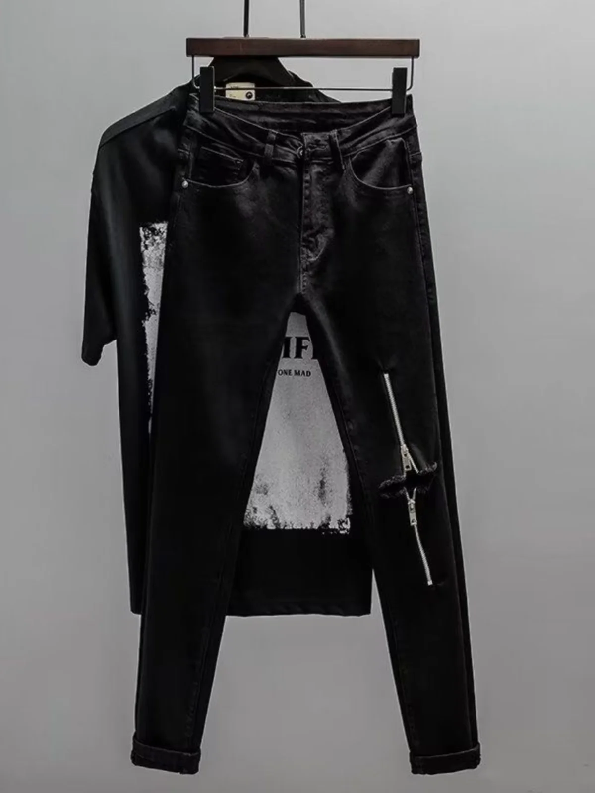 

American Sle Men's Skinny Jeans Bla Spring Autumn 2023 New Knee Zipper Ripped Nine Point Small Foot Pants Casual Jeans