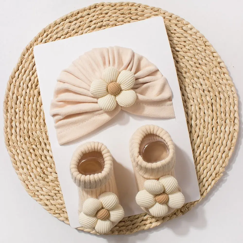 الحلو زهرة كبيرة الطفل قبعة الجوارب مجموعة لينة متماسكة عدم الانزلاق الوليد قبعة مع الجوارب مريحة الدافئة الرضع الجوارب مجموعة ارتداء اليومي