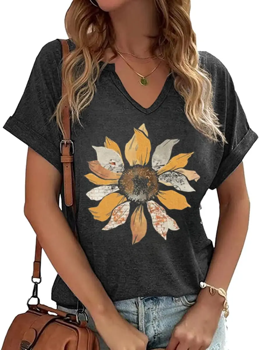 

3D Printed Sunflower Graphic Women's T-Shirt Fashion Outdoor Casual V-Neck Short Sleeve Tees For Ladies Oversize Breathable Tops