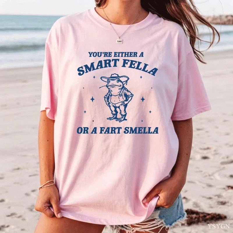 Funny Graphic T Shirts Are You A Smart Fella or Fart Smella Vintage Style T Shirt Retro Cartoon Tshirt Weird Cowboy Frog Tees