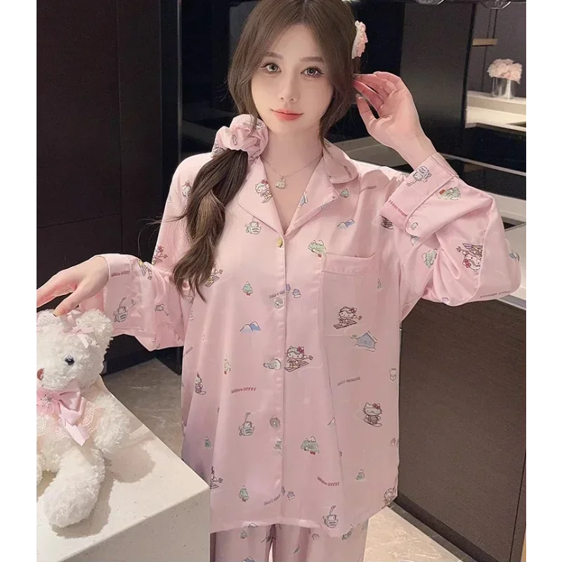 Sanrio Hello Kitty Silk Pajamas Women\'s Autumn Ice Silk Cartoon Two-piece Set Casual Women\'s Pajamas Homewear Pajamas Pants Set