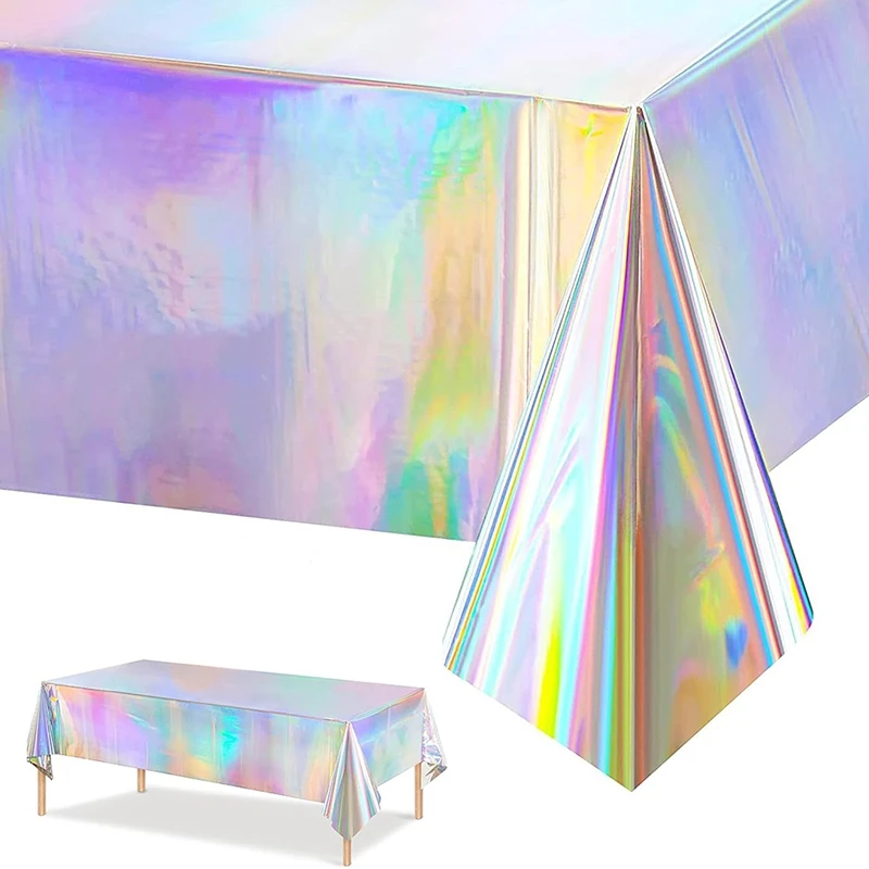 Mantel con tema de arco iris láser de 274 × 137cm, mantel de papel de aluminio de plástico, suministros de decoración para fiesta de cumpleaños, boda y Baby Shower