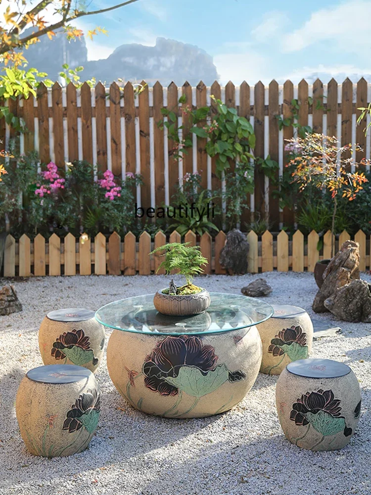 Creative Idyllic Outdoor Courtyard Small Garden Tea Table Fish Tank Chinese Balcony Tea Room Decoration Stool Tea Table