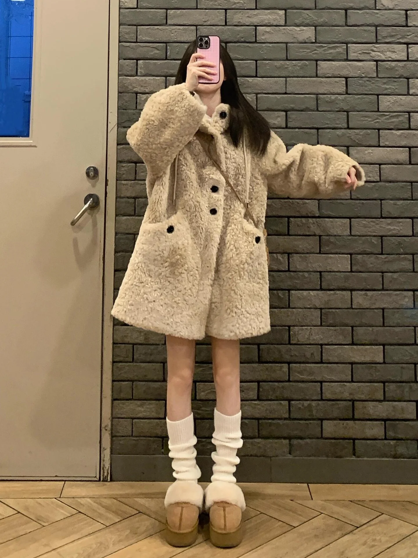 Jaet coreano Sle Fce forrado de piel de cordero para mujer Otoño Invierno nuevo abrigo de talla grande de longitud media con capucha