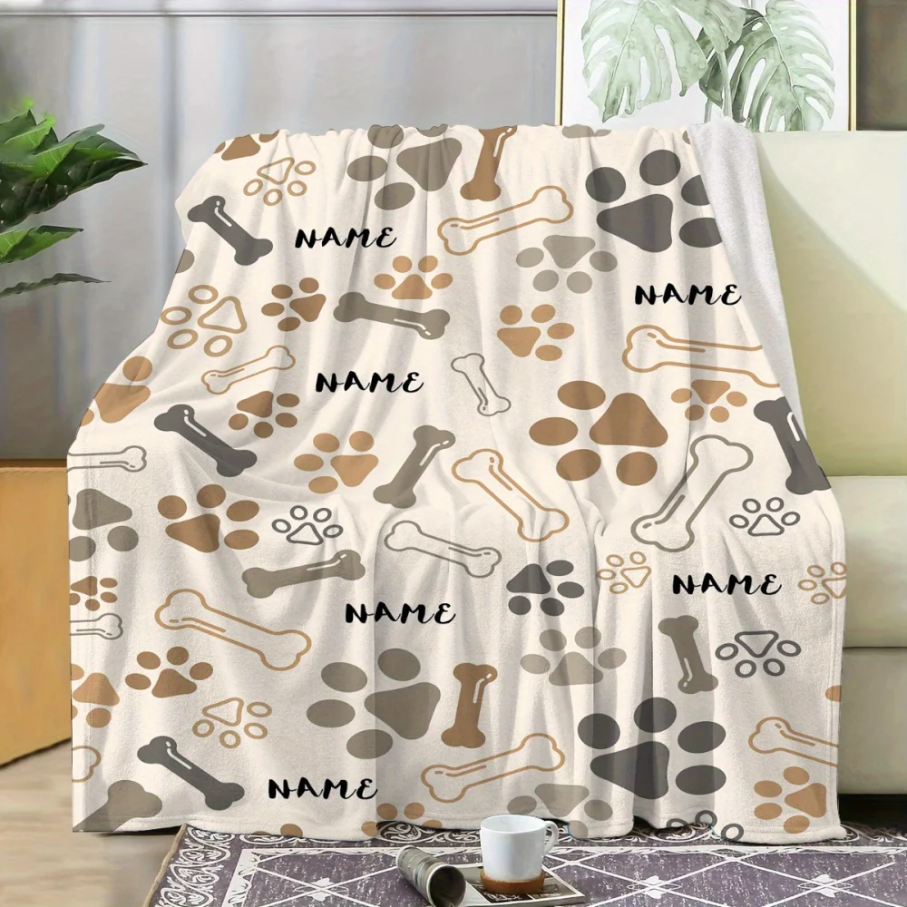 1Pc Cute Dog Bone Paw Print Pattern Blanket, Customizable Name or Text, Soft and Warm, Suitable for Office, Home, Holiday Gifts 2