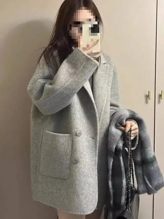 

Grey Short Suit Woolen Coat Women's 2025 New Spring Fashion Elegant Miniature Lady Style Elastic Fabric No Sleeve