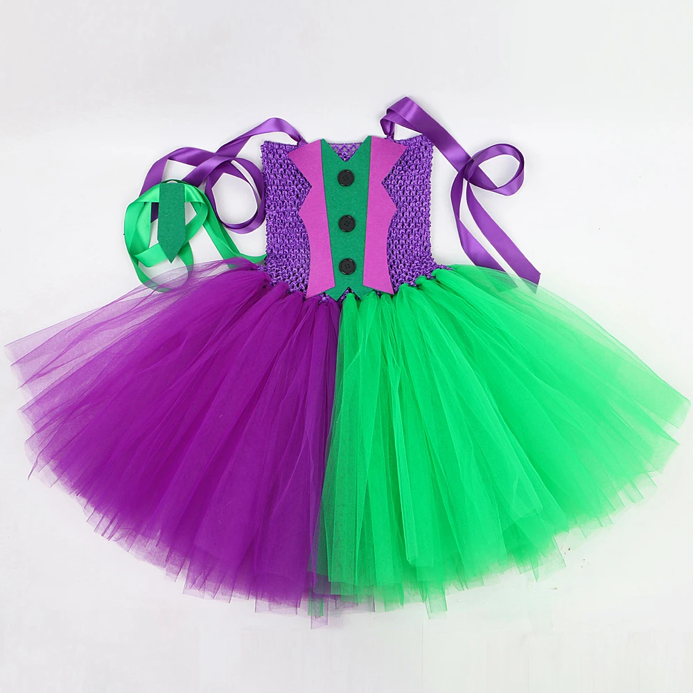 Fleck Clown Halloween Costumes for Girls Purple Green Joker Cosplay Dresses for Kids Carnival Party Outfits Children Anime Tutus