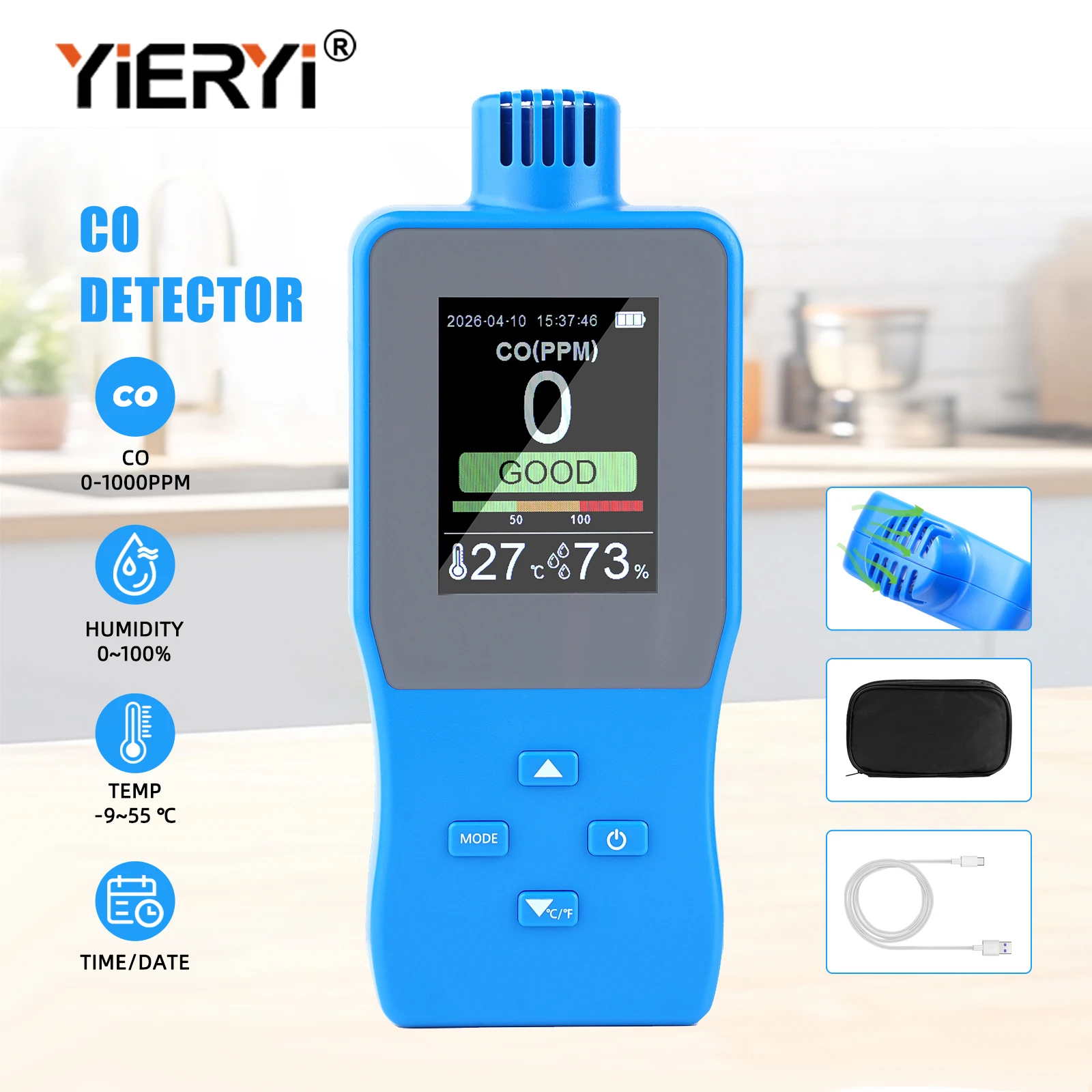 New Multi-Gas Detector Carbon Monoxide Hydrogen Sulfide Combustible Gas Monitor With With Alarm Temperature Humidity Time Date