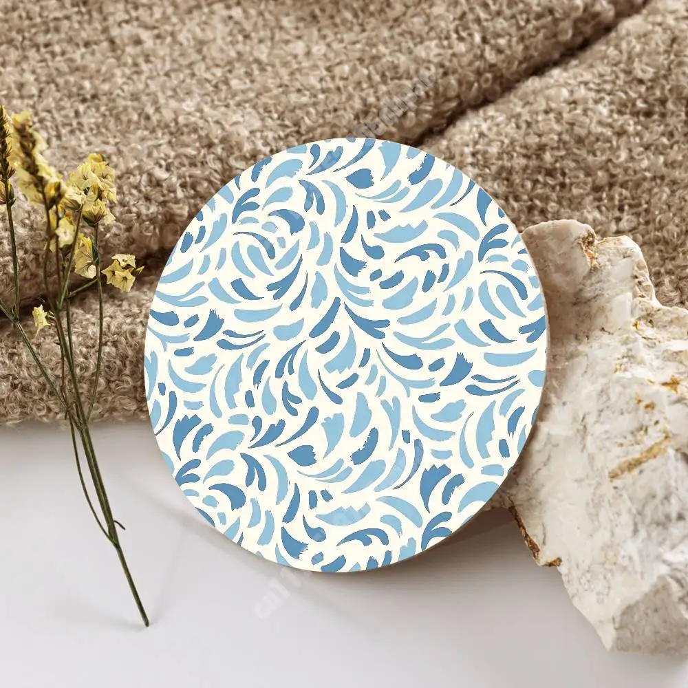 Vintage Art Blue Folk Flowers Pattern Wooden Cup Mat Americano Beer Milk Water Coaster for Baking Studio