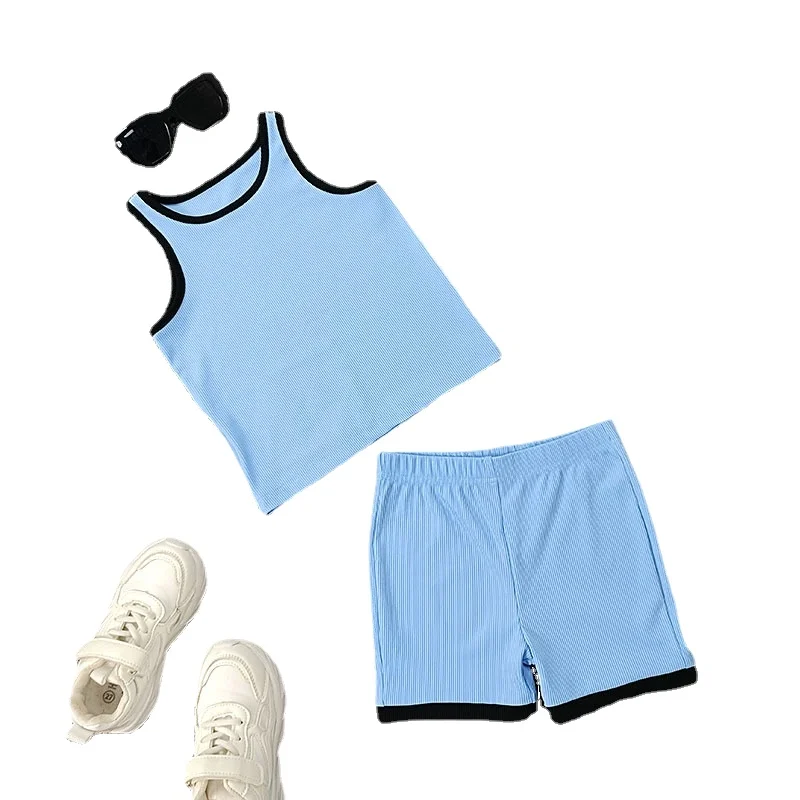 Qunq 2023 Summer INS New Boys And Girls Sleeveless O Neck Splice Top + Shorts 2 Pieces Set Casual Sporty Kids Clothes Age 3T-8T