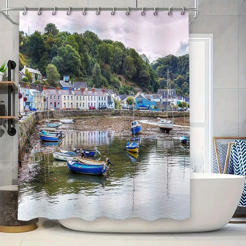 Coastal Village Shower Curtain Ocean Wave Beach Seaside Bathroom Decor Washable Fabric Backdrop Scenic Wall Hanging Artistic Des