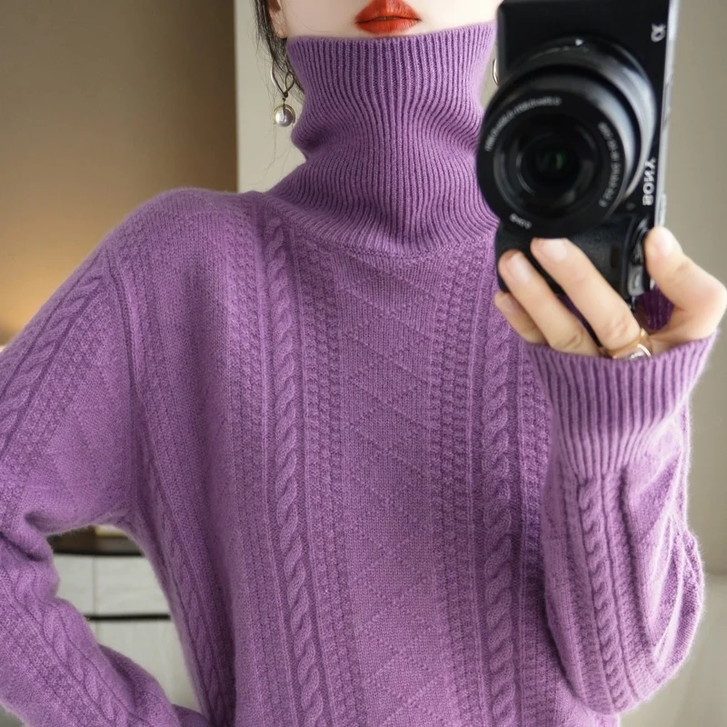 2024 Women's cashmere sweater long sleeved sweater high necked knitted sweater 100% cashmere women's pullover cashmere sweater