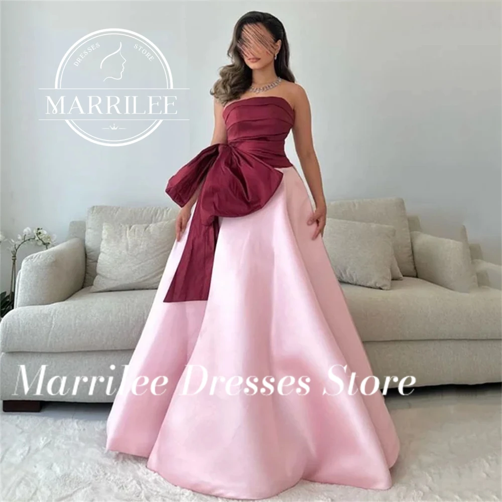 Marrilee Customized Elegant Rose Contrasting Color Stain Prom Gowns Strapless Bow Floor Length A-Line Sleeveless Evening Dress