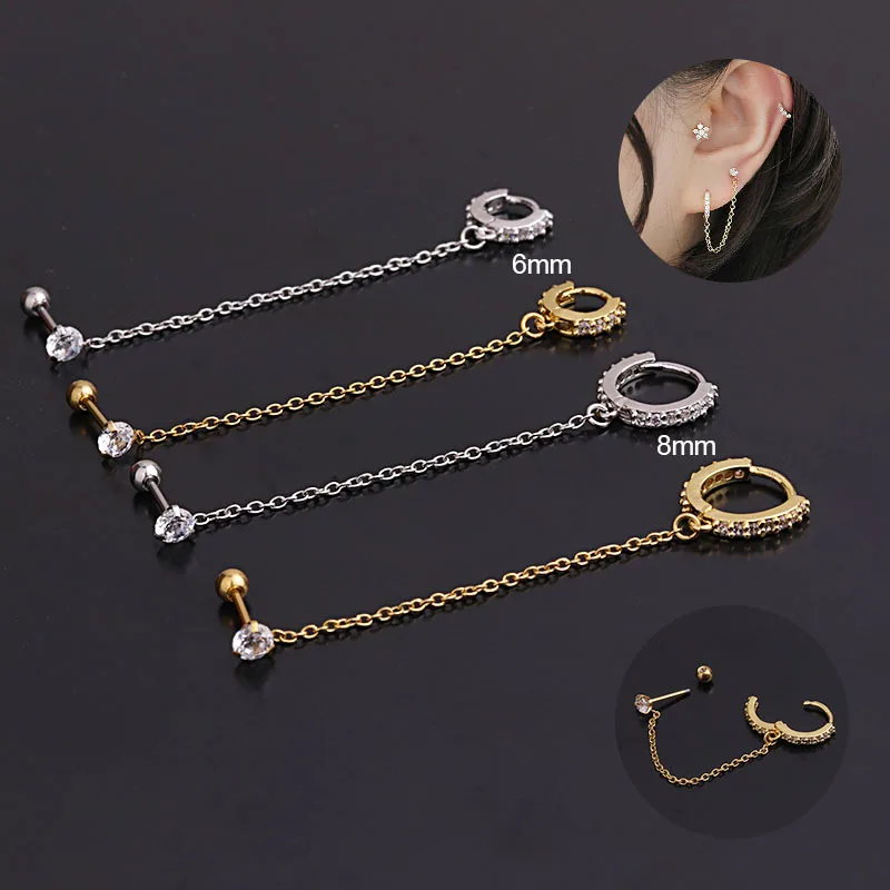 

Fashion Tassel Chain Hoop Earrings Helix Piercing Jewelry for Women Punk Hiphop Circle Stainless Steel Cz Earrings Jewelry