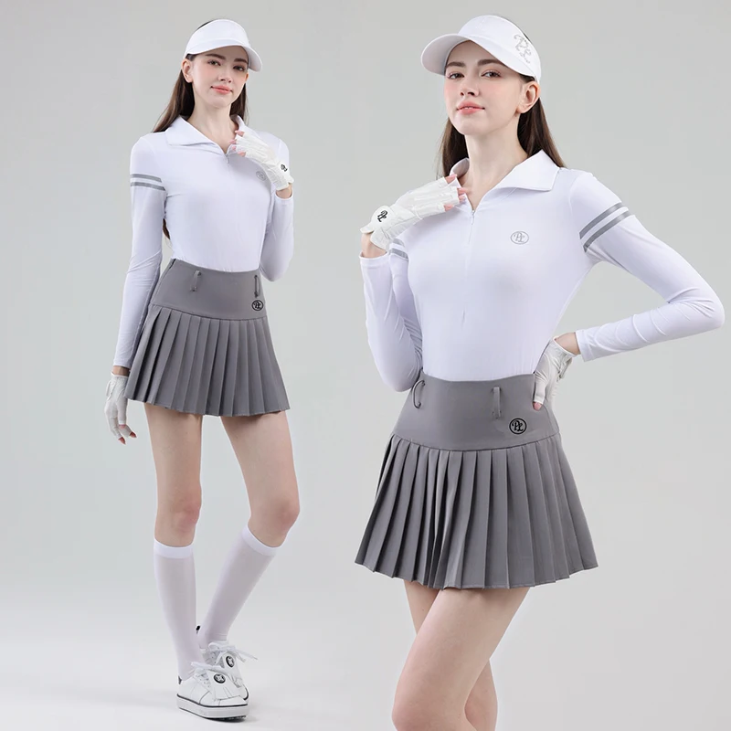 

PL Осенняя женская одежда для гольфа, рубашка с длинными рукавами и лацканами на молнии, спортивные топы, женская плиссированная юбка с высокой талией, шорты для гольфа в стиле ретро