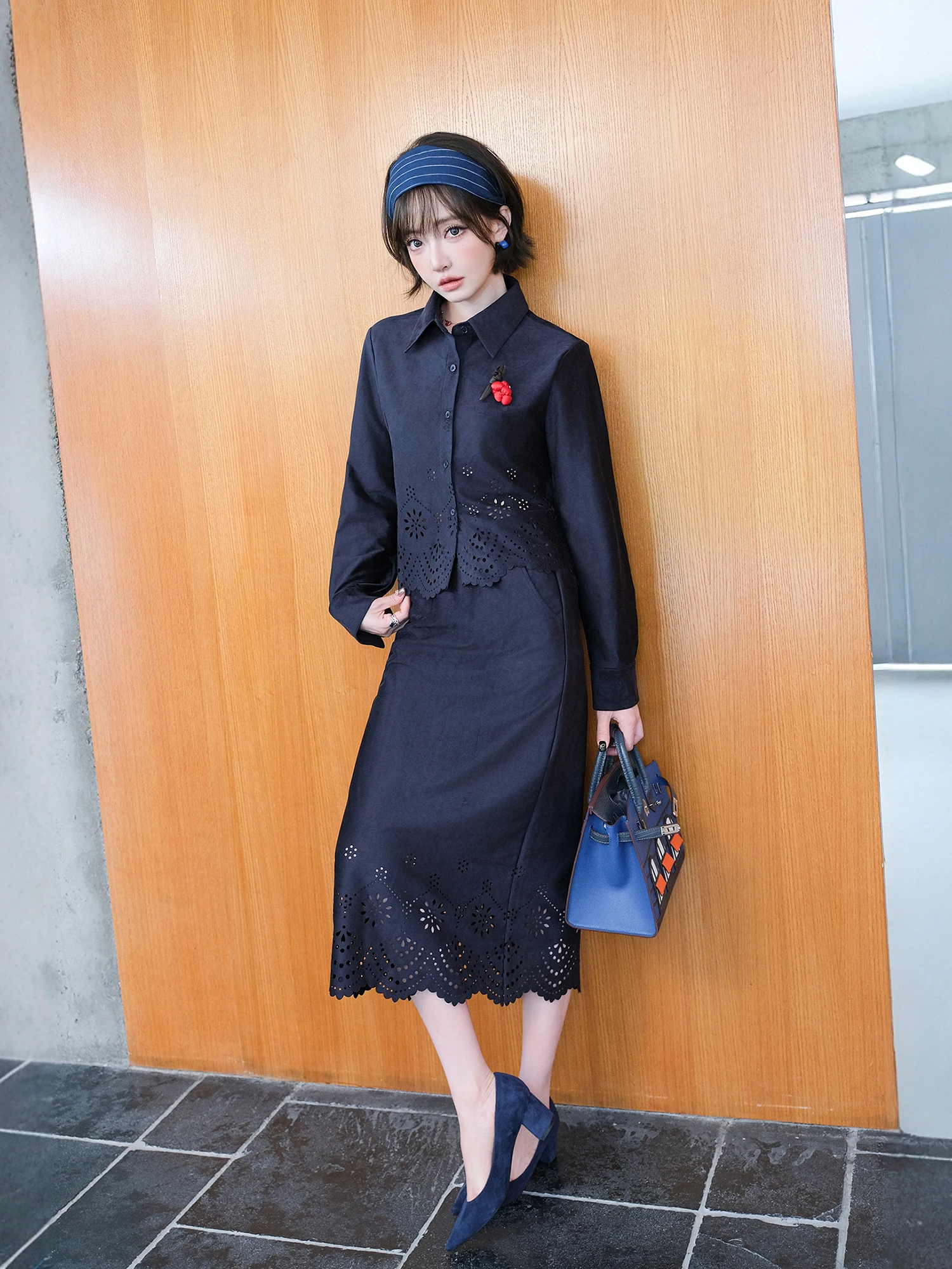 

MIUCO Премиум-замшевый комплект Long Sve с вырезами и юбкой с высокой талией Ele Sister Sle Autumn Faion Женский комплект En...