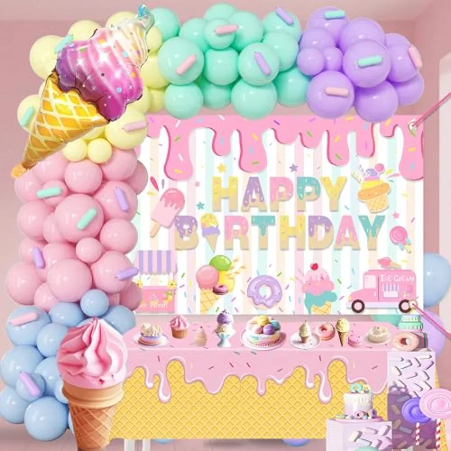 Décorations de fête d'anniversaire sur le thème de la crème glacée pour filles, Kit en arc de guirlande de ballons avec toile de fond joyeux anniversaire, fourniture complète de fête