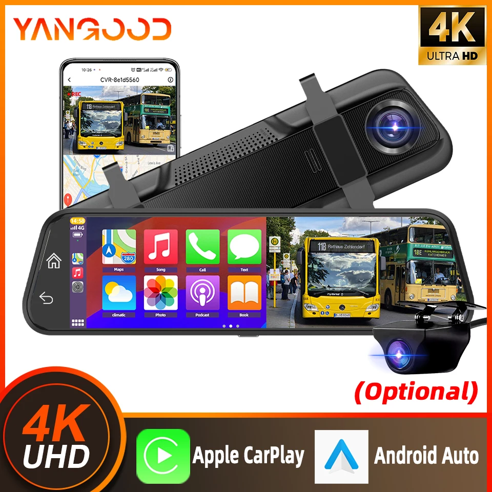 

Yangood 4K Dashcam Dual Channel Car Mirror Dvr Support Wireless Carplay & Android Auto 1080P Rear Camera Night Vision Black Box