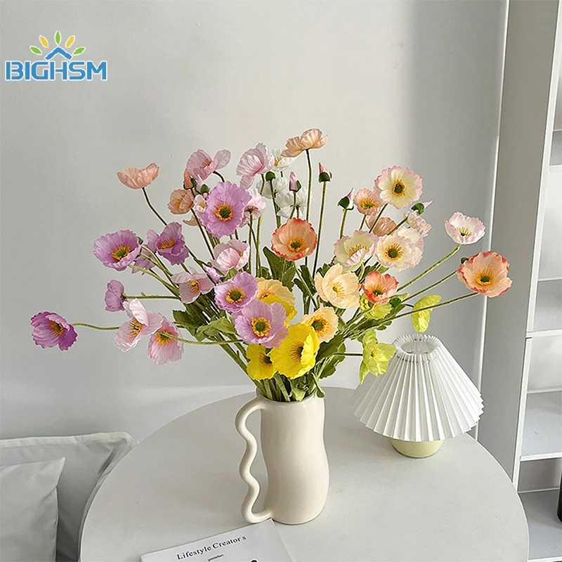 Beautiful Vivid Color 4 Heads Silk Fake Simulation Poppies Artificial Flower DIY Wedding Party Home Decoration With Leaves