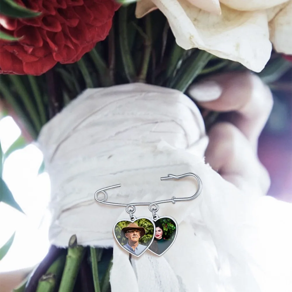 U7 Custom Wedding Bouquet Photo Charms 1-4 Pictures Heart Oval Round Shape Memorial Photos Charm Pin Brooches Funeral Jewlery