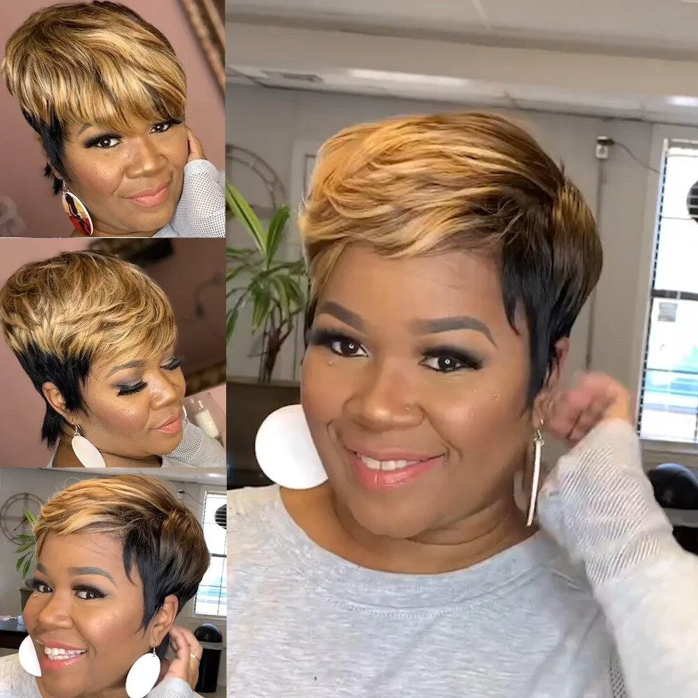 

CUZ of HAIR Ombre Black Brown Honey Blonde Highlight Synthetic Short Straight Pixie Cut With Bangs Bob Wigs Hair For Black Woman