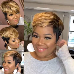 CUZ of HAIR Ombre Black Brown Honey Blonde Highlight Synthetic Short Straight Pixie Cut With Bangs Bob Wigs Hair For Black Woman