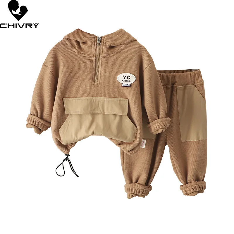 New 2023 Kids Baby Spring Autumn Fashion Solid Zipper Hooded Sweatshirt Tops with Pants Boys Casual Sports Clothing Sets