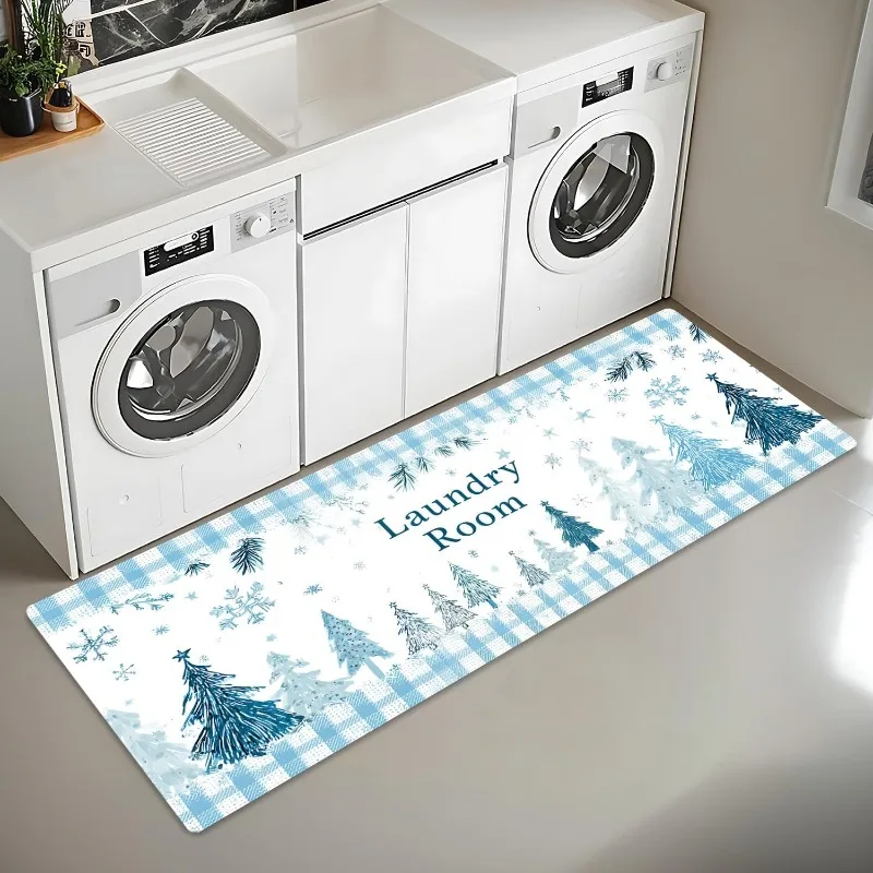 Merry Christmas Runner Carpet Mint‑Green Santa Claus Gift Box Pine Tree Printed Floor Carpet Festive Winter Holiday Decor