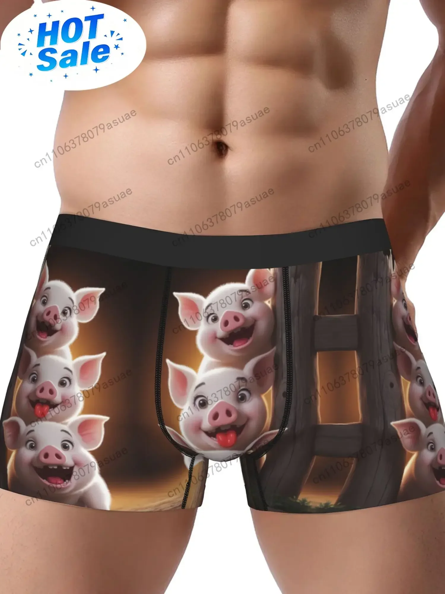 Men'S Pig Print Boxer Briefs Stretchy Comfort Fit with Playful Cartoon Pig Design, Black Underwear for Casual Attire, Black