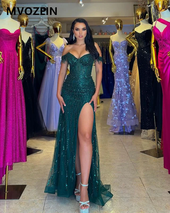 Luxur Green Evening Dresses Sheath Sweetheart Off The Shoulder Long Prom Dress Split Holiday Dress Birthday Dresses Formal Dress