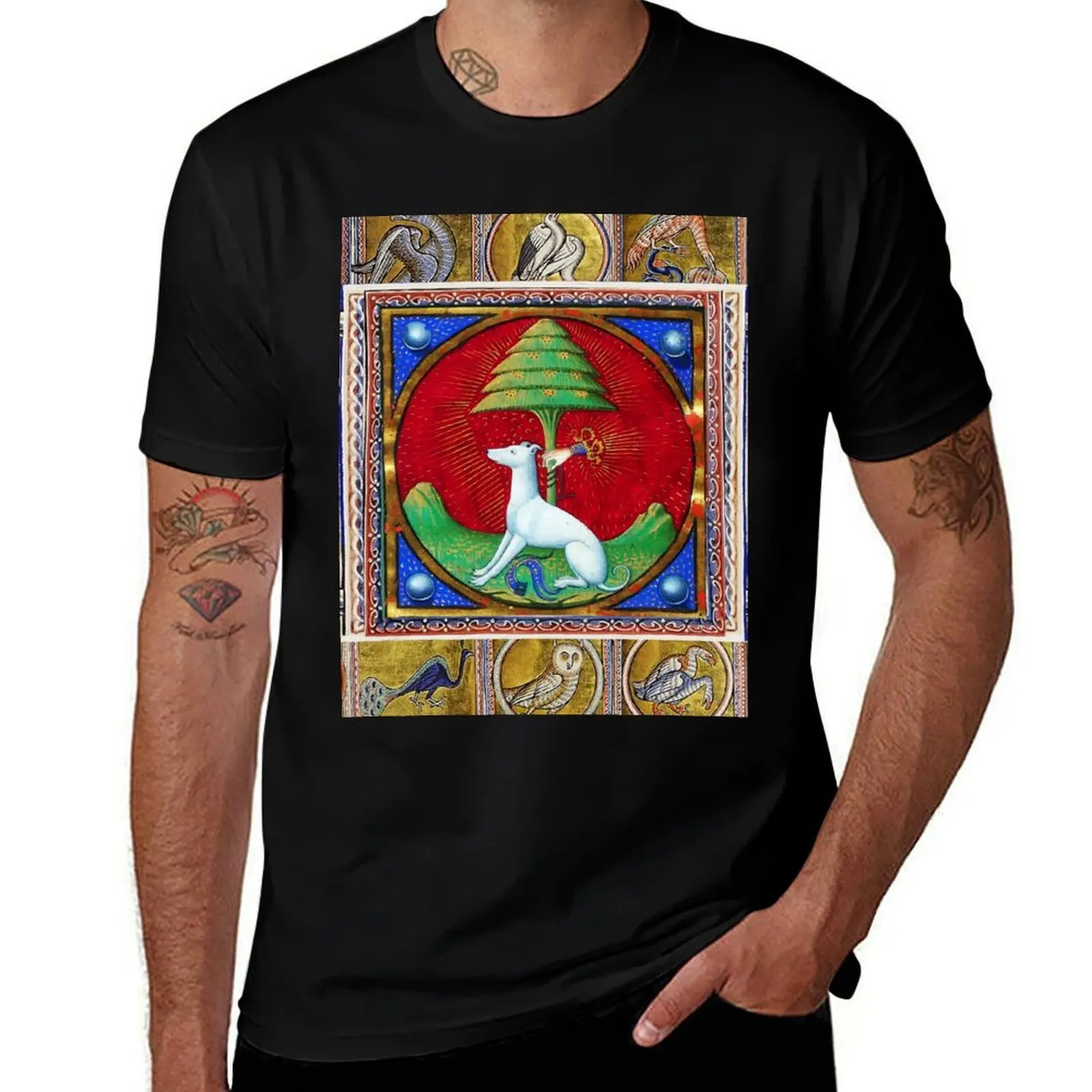 

MEDIEVAL BESTIARY,WHITE DOG,HAND AND TREE, FANTASTIC ANIMALS IN GOLD RED BLUE COLORS T-Shirt Luxury man Men's t-shirts