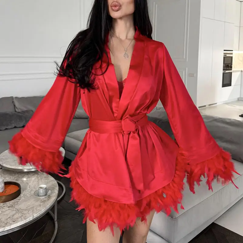 Women Feather Splicing Luxury Robe Short Style Long Sleeves Homewear Kimono Casual Gown Loose Soft Comfy Intimate Bathrobe