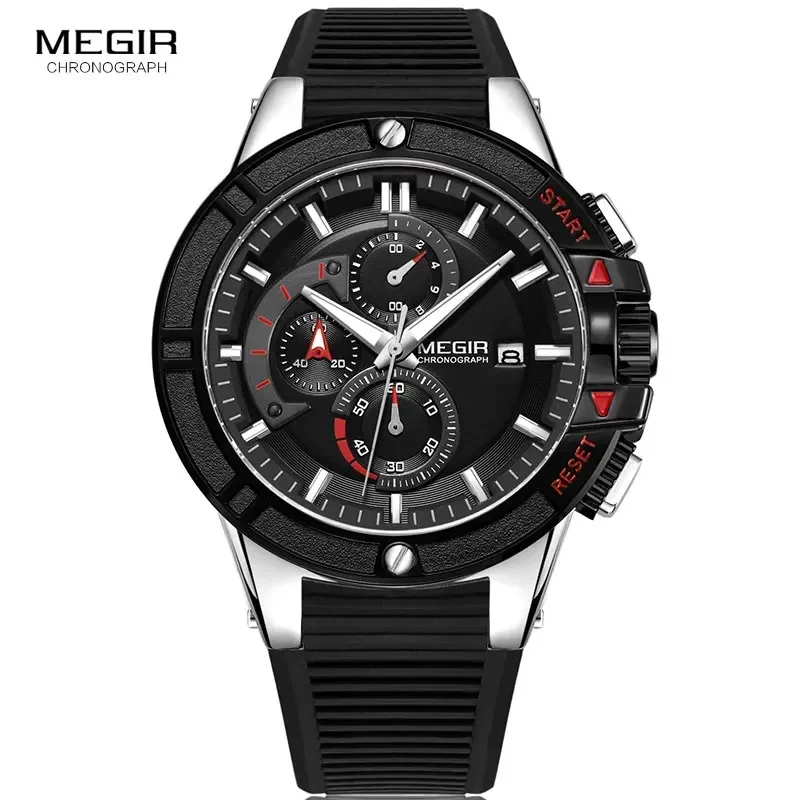 MEGIR-Montre-bracelet de sport militaire en silicone pour homme, montre-bracelet à quartz de l'armée, montres chronographes, argent, noir, marque supérieure, 2095