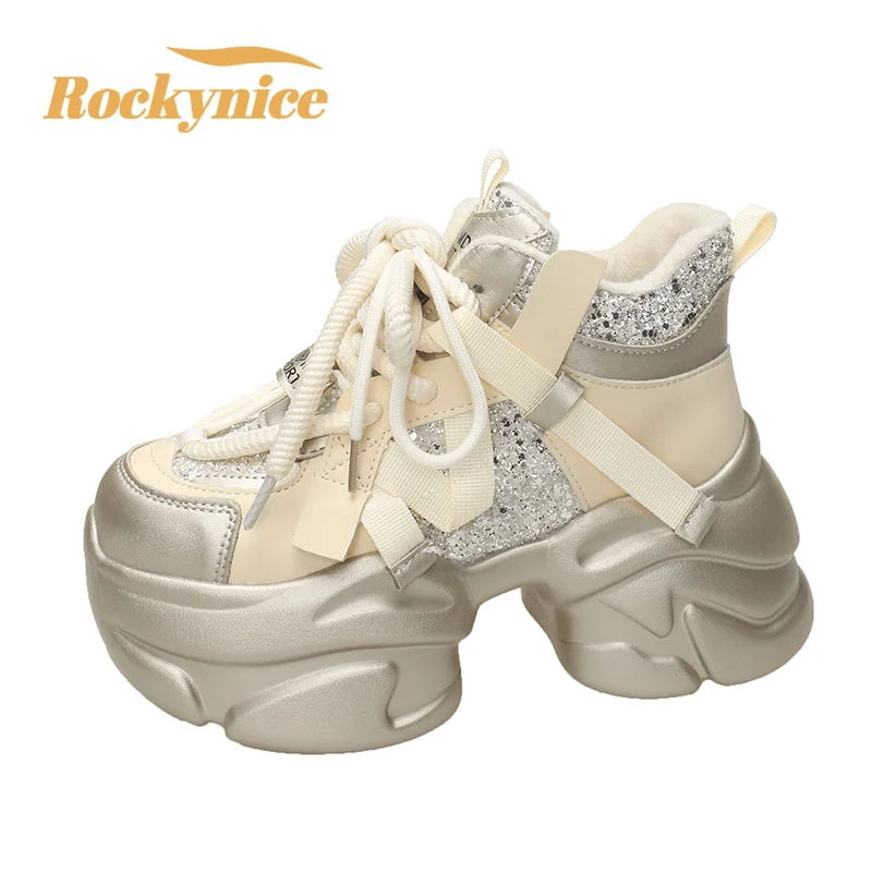 

New Women Winter Warm Chunky Sneakers Thick Bottom Leather Shoes High Platform Vulcanize Shoes Bling Casual Sports Dad Shoes 8CM