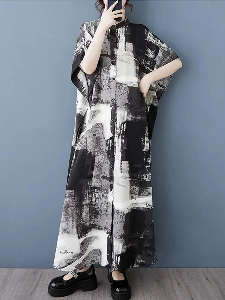 AmaxluluE Musim Panas 2025 Fashion Bohemia Wanita Gaun Cetak Ukuran Besar Wanita Kasual Longgar Vestidos Vintage Elegan Pakaian Panjang
