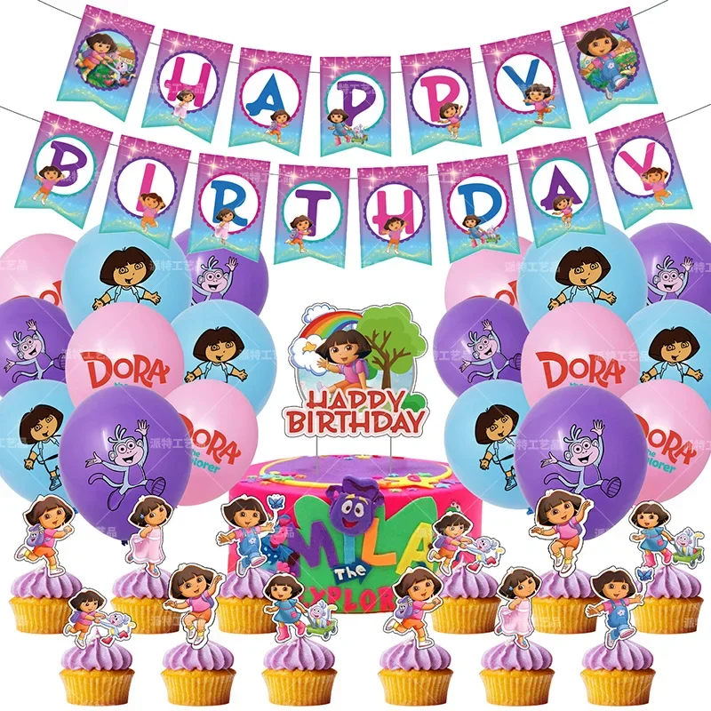 Dora Explorer Theme Party DIY Decorations Sets Latex Ballons Birthday Flag Banner Cake Topper Baby Shower Party Supplie Set Gift