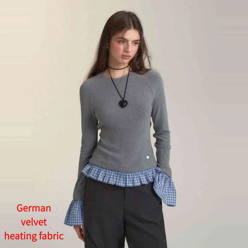 Autumn Winter Women Black Patchwork Plaid Elegant Round Neck Short Sweater French Gray Long Sleeve Knitted Pullover Tops New