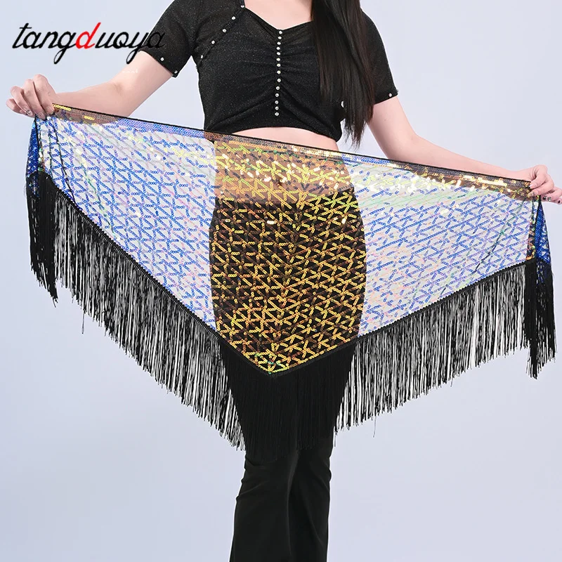 ملابس رقص البطن المرأة كبار الترتر شرابة الثلاثي وشاح الورك الكبار حزام الخصر سلسلة الرقص ممارسة الخصر وشاح #2