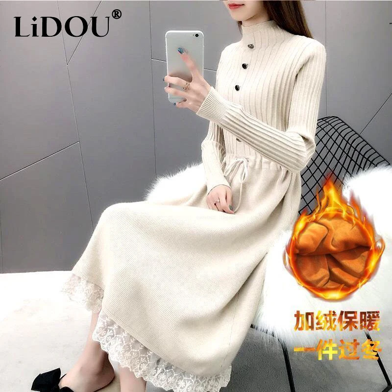 

Autumn Winter Half High Collar Lace Patchwork Robe Female Elegant Fashion Lace Up Waist Vestidos Women Add Velvet Knitting Dress