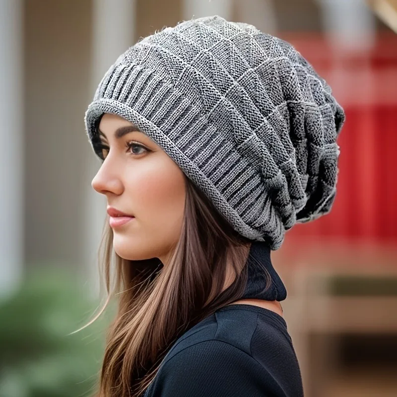 Damen-Beanie-Mütze, modische, klobige Slouch-Mütze mit elastischen Ohrenwärmern, handwaschbar, leicht, für den Herbst – Detail 5